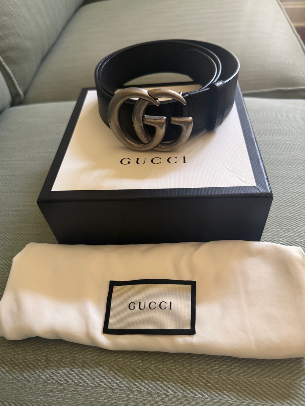 Gucci Black Leather Belt with Aged Silver Double G Buckle